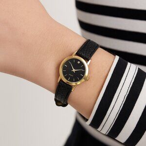 Gold Quartz Analog Watch with Black Faux Snake Leather Band | Rhinestone Accent
